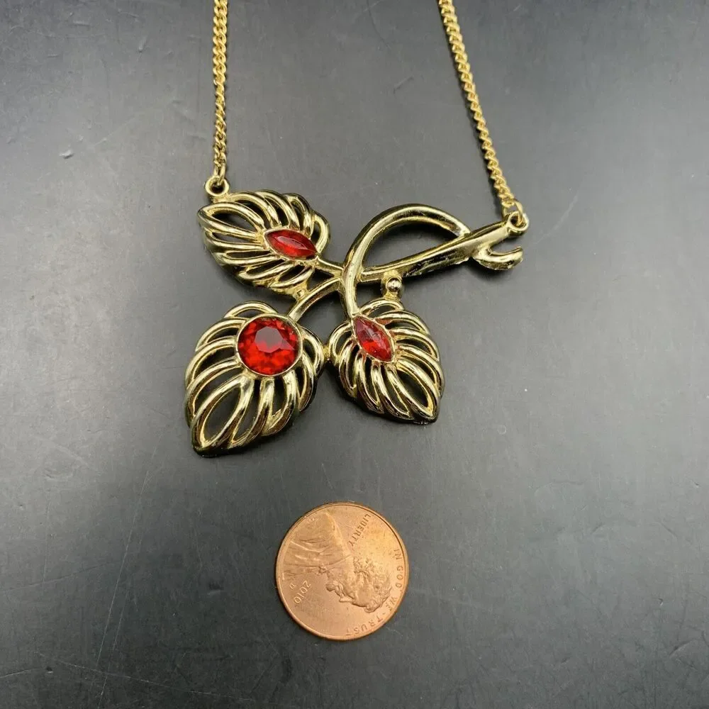 Leaf Pendant Necklace Red Rhinestone Gold Tone Floral 15 Inch Vintage